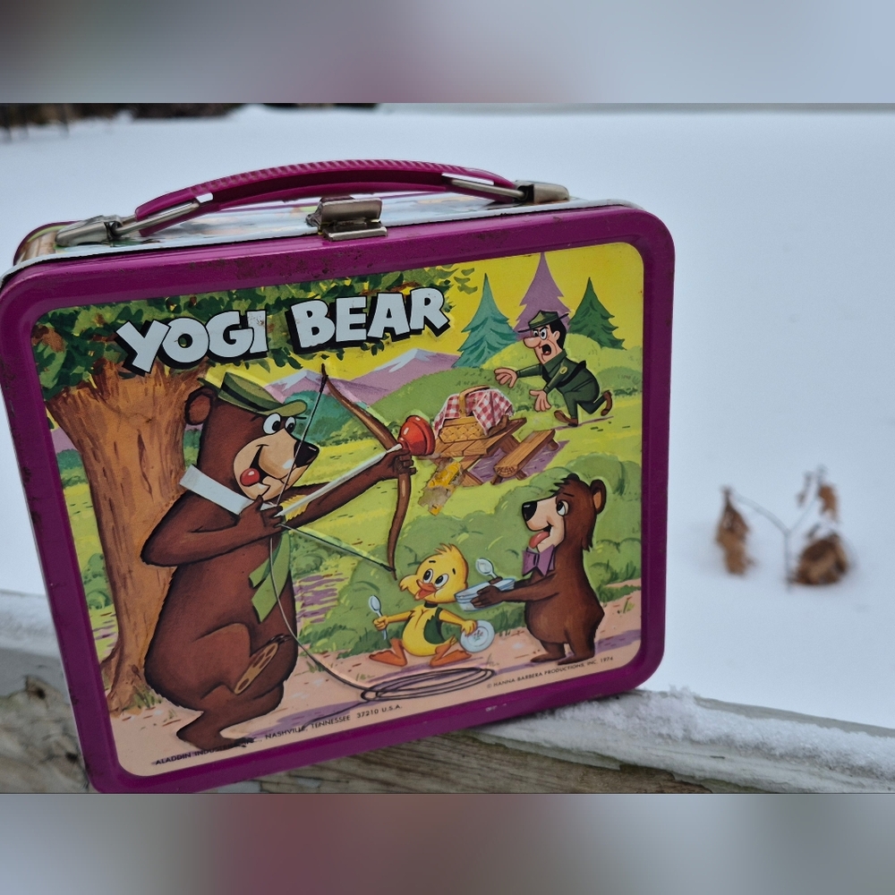 Yogi Bear metal lunchbox, purple handle, no thermos. Aladdin Industries.